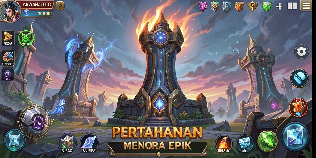 Tangkapan layar gameplay ARWANATOTO menampilkan menara dan musuh dalam pertarungan.