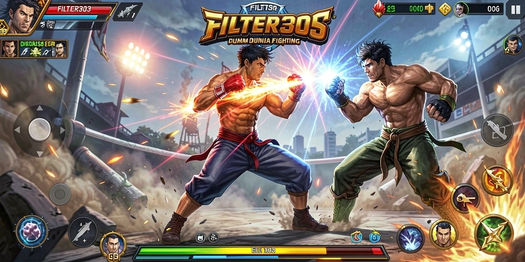 Tampilan seru gameplay FILTER303 dengan karakter pertarungan yang energik.