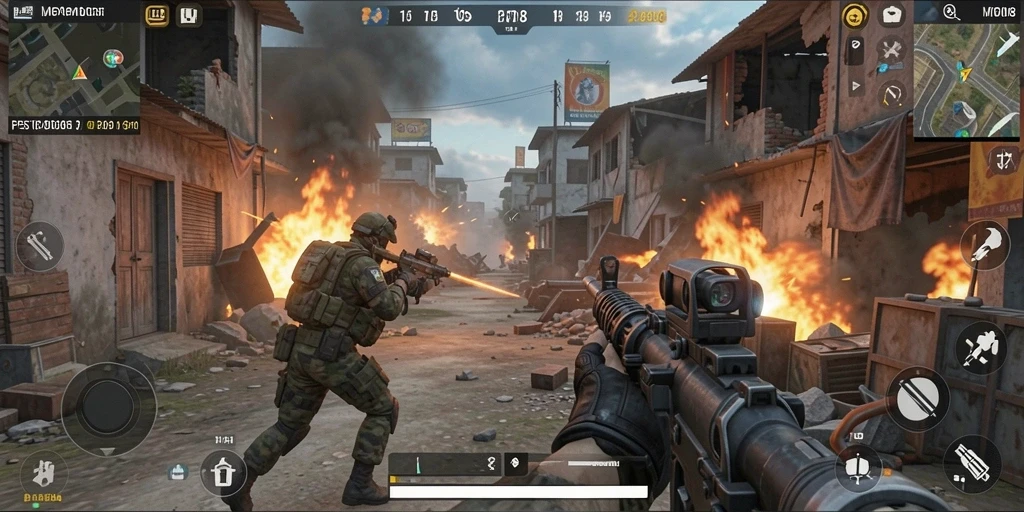 Tampilan layar gameplay MPO08 dengan aksi tembak-menembak yang intens.