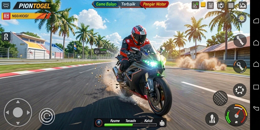 Screenshot gameplay PIONTOGEL yang menampilkan balapan motor yang intens.