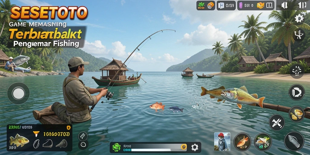 Tampilan gameplay SESETOTO saat menangkap ikan di danau yang indah.
