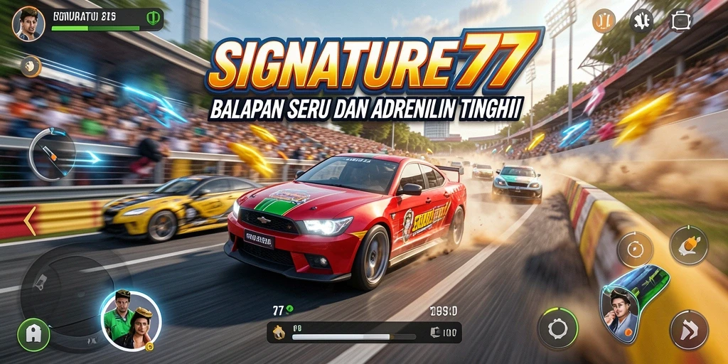 Tampilan aksi balapan seru di SIGNATURE77 dengan mobil cepat.